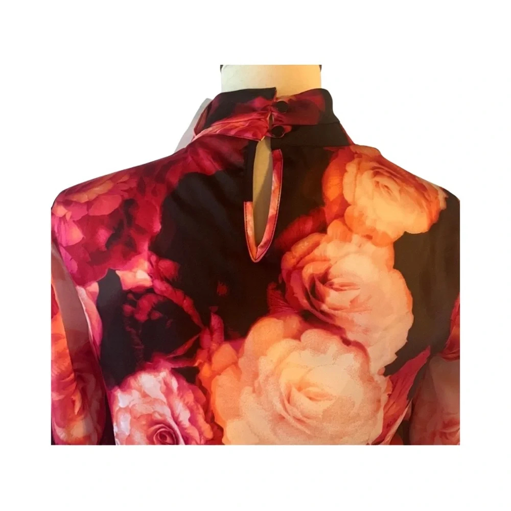 NWT WORTHINGTON Floral Stretch Knit Draped High Neck Cottagecore Blouse - Picture 4 of 5